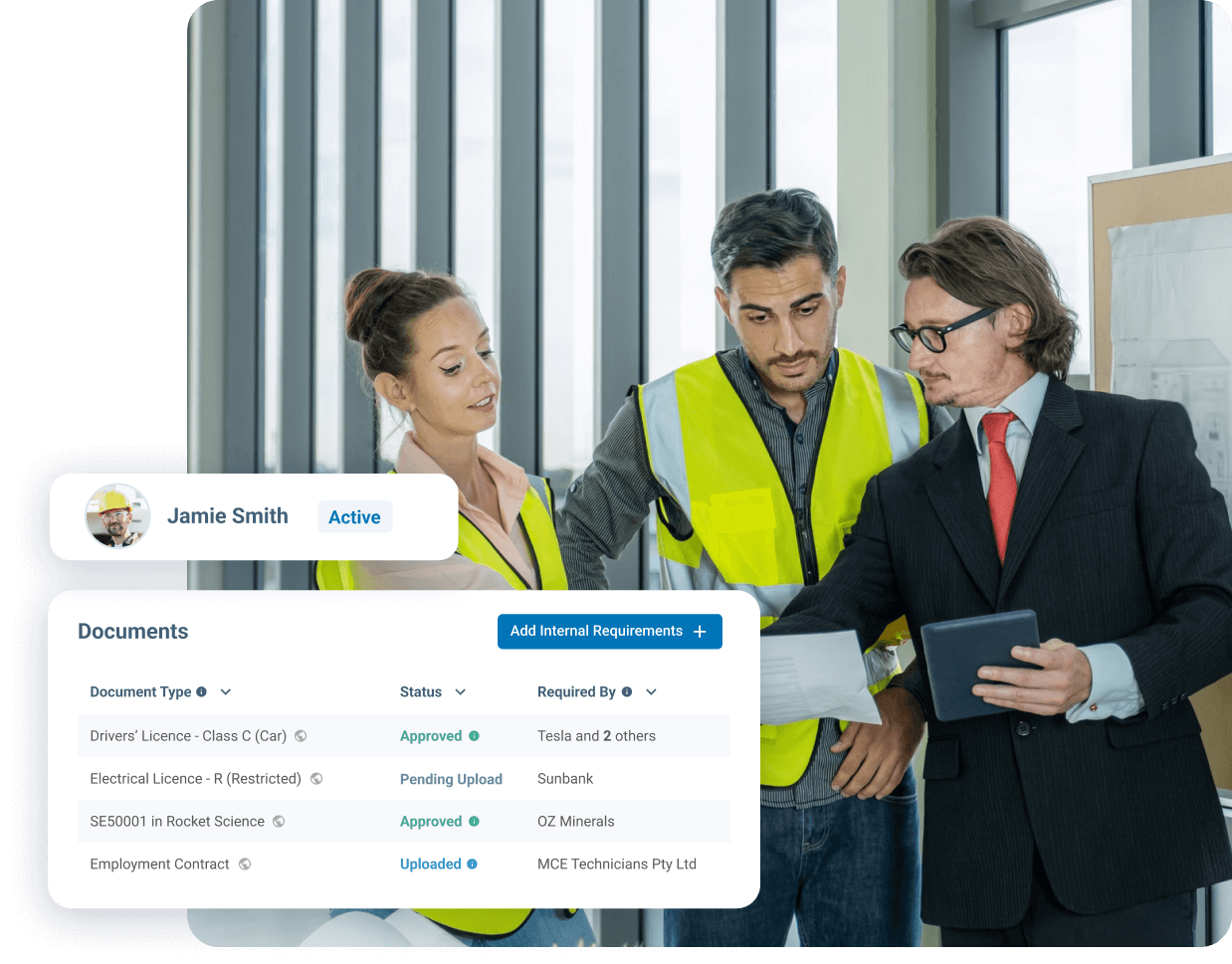 Business team reviewing contractor compliance documents on tablet in modern office